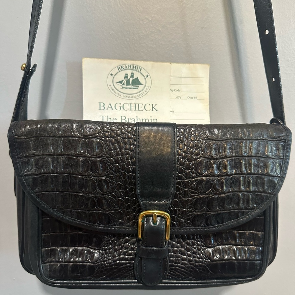 Vintage Brahmin Dark Brown Crocodile Embossed Messenger Bag